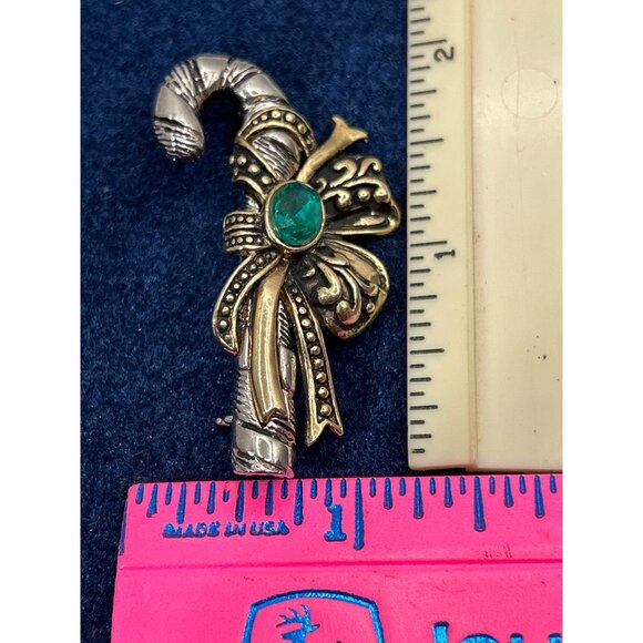 Candy Cane Brooch Pin With Emerald-Like Gemstone & Gold-Tone Bow - Picture 3 of 3